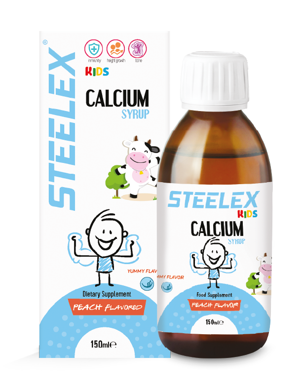 Box and bottle of Steelex Kids Calcium Syrup Box&Bottle